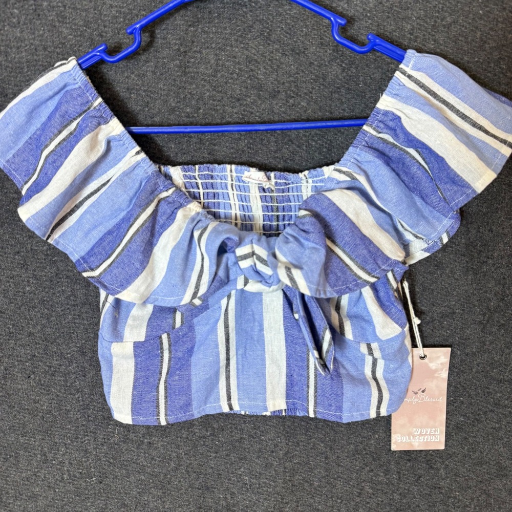 Woman's S‎ Blue Striped Linen Off Shoulder Crop Top coquette festival milk maid